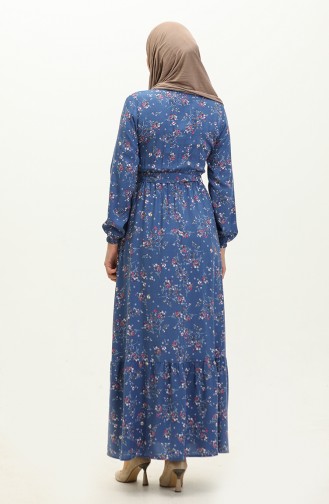 Floral Patterned Viscose Dress 5068-08 İndigo 5068-01