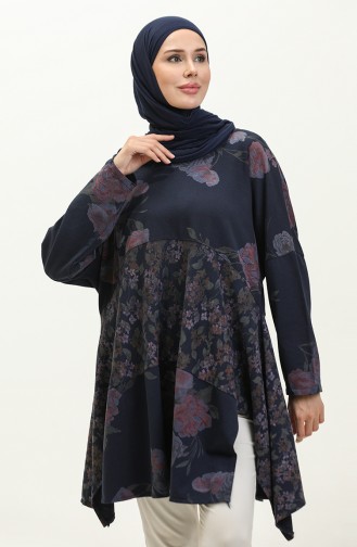 Tunique Châle à Motifs Fleuris 8113-07 Bleu Marine 8113-07