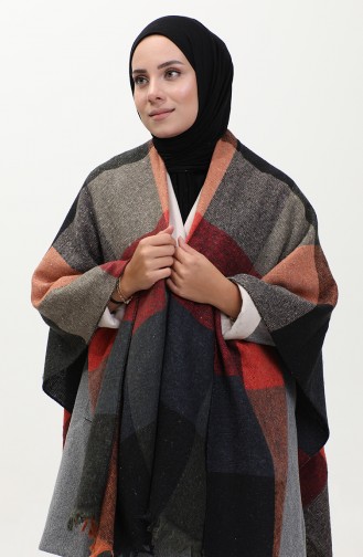 Poncho à Motifs Carrés 2049-01 Rouge 2049-01