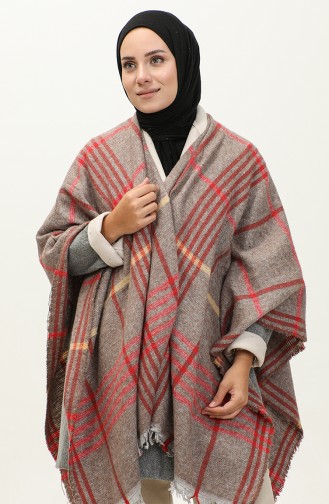 Striped Patterned Poncho 2054-01 Milky Coffee 2054-01