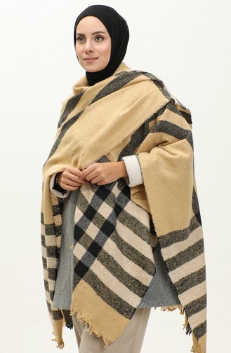 Plaid Patterned Poncho 2055-01 Camel 2055-01