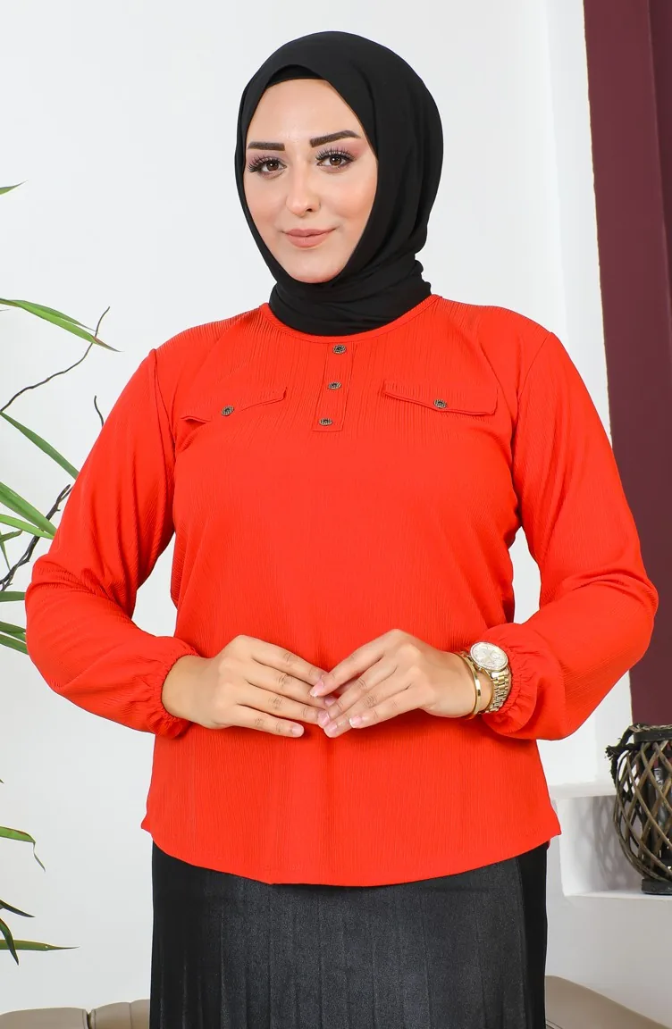 Blouse Détail Poche Grande Taille 2101-02 Corail 2101-02