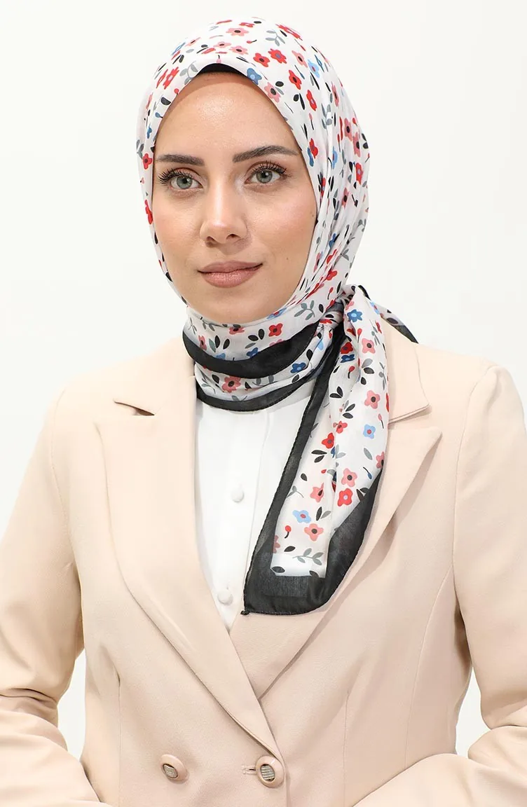 Çiçek Desenli Eşarp 2059-08 Siyah Ekru