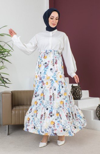 Ruche Gedetailleerde Hijab Rok 1502-03 Blauw Ecru 1502-03