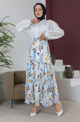 Ruche Gedetailleerde Hijab Rok 1502-03 Blauw Ecru 1502-03