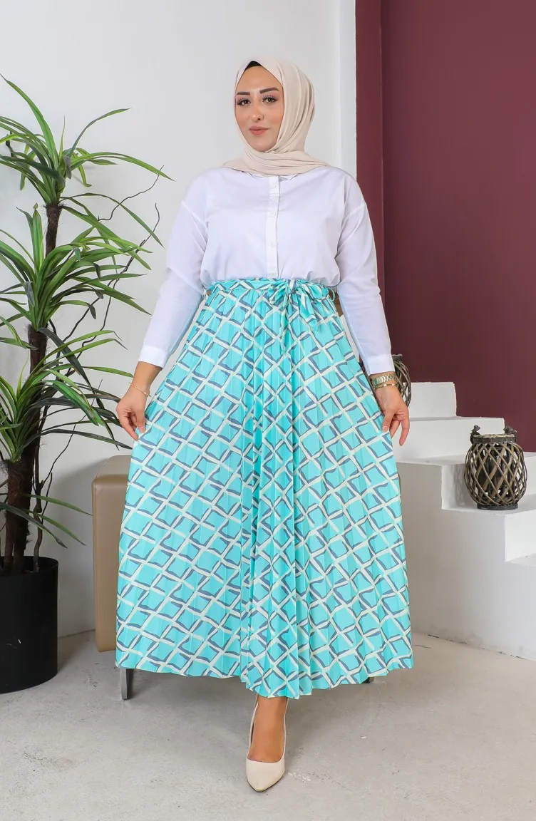 Jupe Hijab Plissée Détail Ceinture 1503-04 Vert Menthe 1503-04