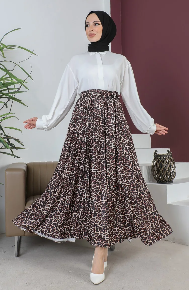 Jupe Hijab Plissée Détail Ceinture 1503-01 Marron 1503-01