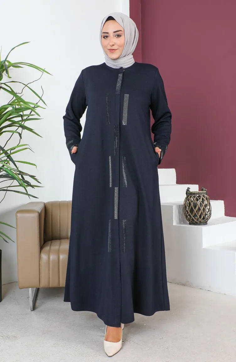 عباءة بتصميم مُزين بالأحجار و بمقاسات كبيرة 5057-02 لون كحلي 5057-02