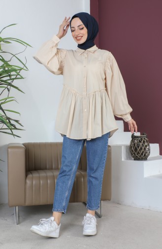 Terry Cotton Ruffle Detailed Shirt 0007-03 Beige 0007-03