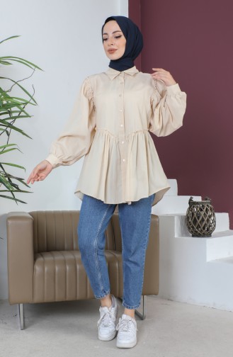 Terry Cotton Ruffle Detailed Shirt 0007-03 Beige 0007-03