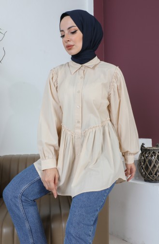 Terry Cotton Ruffle Detailed Shirt 0007-03 Beige 0007-03