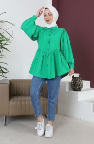 Terry Cotton Ruffle Detailed Shirt 0007-04 Emerald Green 0007-04