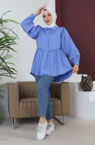 Terry Cotton Ruffle Detailed Shirt 0007-05 İndigo 0007-05