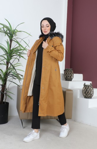 Kürklü Gabardin Kaban 9839-01 Sütlü kahve