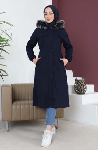 Kürklü Gabardin Kaban 9839-02 Lacivert