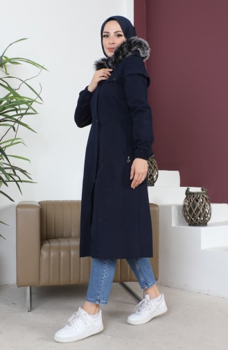 Kürklü Gabardin Kaban 9839-02 Lacivert