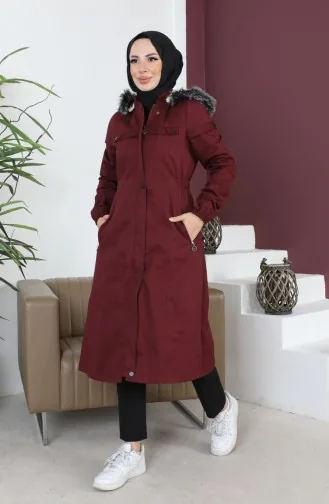 Kürklü Gabardin Kaban 9839-03 Mürdüm