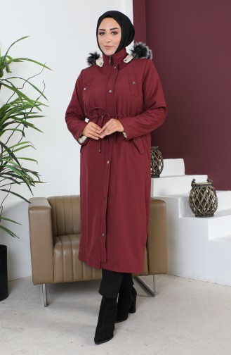 Manteau à Fermeture Éclair En Tissu Bondit Grande Taille 11455-06 Rouge Claret 11455-06