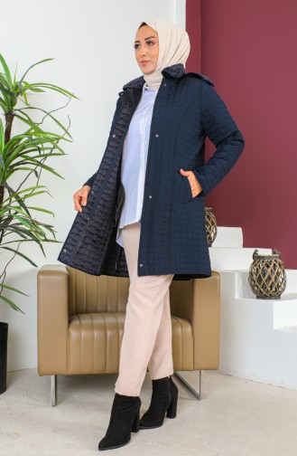 Manteau Matelassé à Motif Diamants Grande Taille 5059-02 Bleu Marine 5059-02