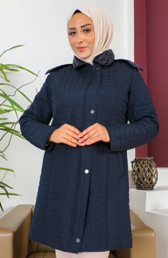 Manteau Matelassé à Motif Diamants Grande Taille 5059-02 Bleu Marine 5059-02