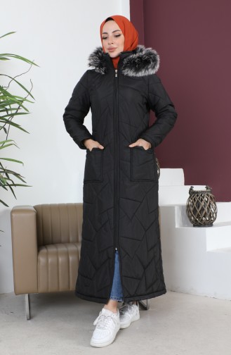 Long Quilted Pocketed Coat 517524-02 Black 517524-02