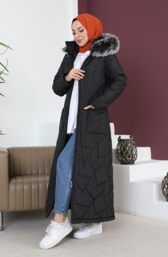 Long Quilted Pocketed Coat 517524-02 Black 517524-02