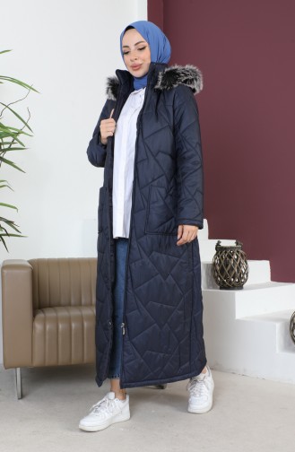 Long Quilted Pocketed Coat  517524-03 Navy Blue 517524-03