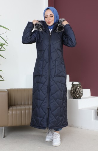 Long Quilted Pocketed Coat  517524-03 Navy Blue 517524-03