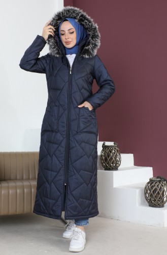Long Quilted Pocketed Coat  517524-03 Navy Blue 517524-03