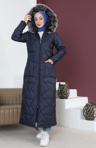 Manteau Matelassé Long Avec Poches 517524-03 Bleu Marine 517524-03