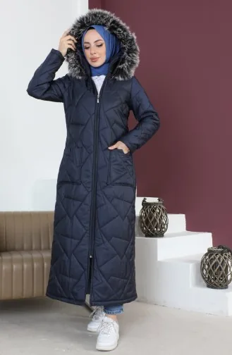 Long Quilted Pocketed Coat  517524-03 Navy Blue 517524-03