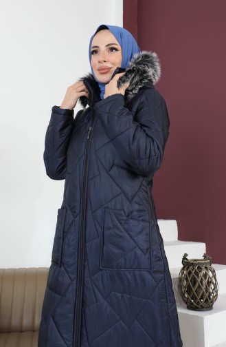 Long Quilted Pocketed Coat  517524-03 Navy Blue 517524-03