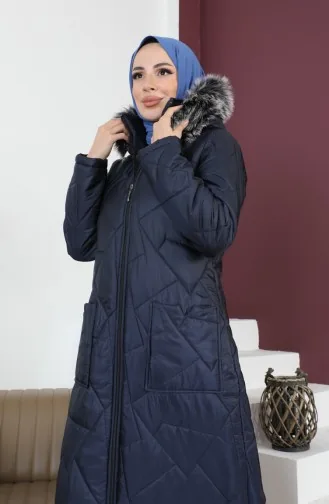 Long Quilted Pocketed Coat  517524-03 Navy Blue 517524-03