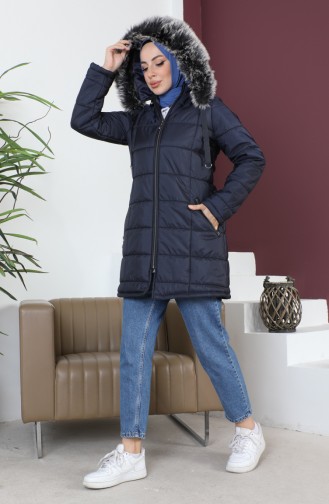 Manteau Court Matelassé à Capuche 5201-01 Bleu Marine 5201-01