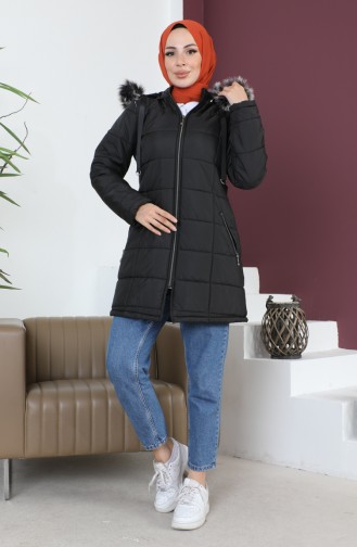 Manteau Court Matelassé à Capuche 5201-02 Noir 5201-02