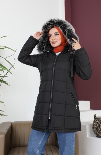 Manteau Court Matelassé à Capuche 5201-02 Noir 5201-02