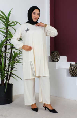 بدلة تونيك وبنطال بتصميم ملفوف بمقاسات كبيرة 2608-03 لون كريمي 2608-03