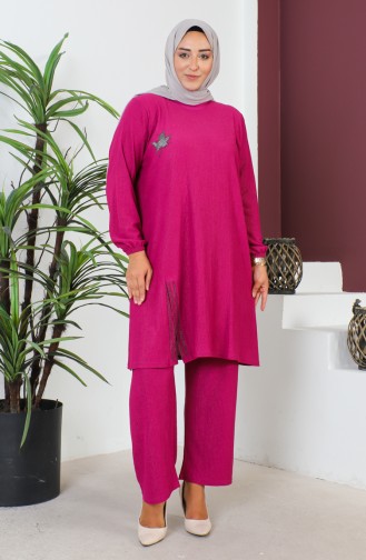 Große Größe Bürümcük Tunika-Hose Doppelanzug 2608-06 Fuchsia 2608-06