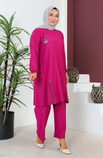 Große Größe Bürümcük Tunika-Hose Doppelanzug 2608-06 Fuchsia 2608-06