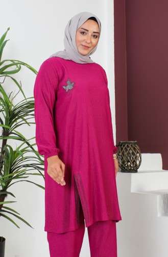 Große Größe Bürümcük Tunika-Hose Doppelanzug 2608-06 Fuchsia 2608-06