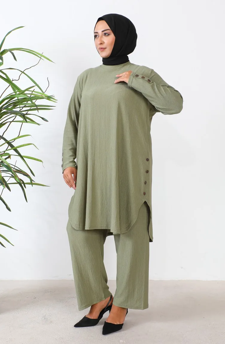 طقم ثنائي تونيك بتصميم حجر بنطلون مقاس كبير 2658-02 أخضر عسكري 2658-02