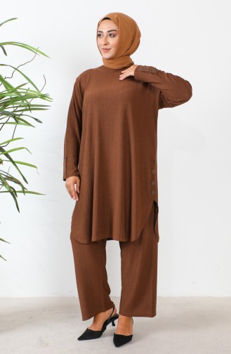 Büyük Beden Taşlı Tunik Pantolon İkili Takım 2658-07 Kahverengi