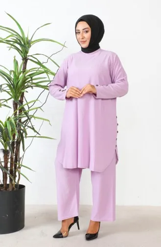 طقم ثنائي تونيك بتصميم حجر بنطلون مقاس كبير 2658-08 بنفسجي فاتح 2658-08