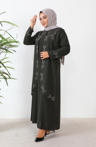 Großes Abendkleid Mit Steinmuster 6077-07 Khakigrün 6077-07