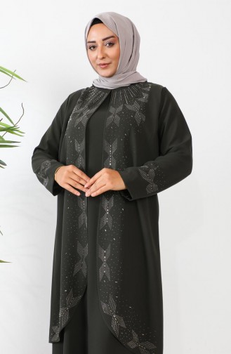 Robe De Soirée Imprimée Pierre Grande Taille 6077-07 Vert Khaki 6077-07