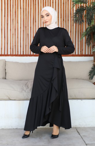 Yandan Bağlamalı Volanlı Elbise 1907-07 Siyah