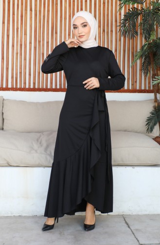 Yandan Bağlamalı Volanlı Elbise 1907-07 Siyah