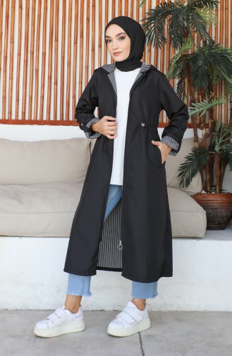 Stripe Detailed Women`s Hooded Trench 1901 1901-01 Black 1901-01