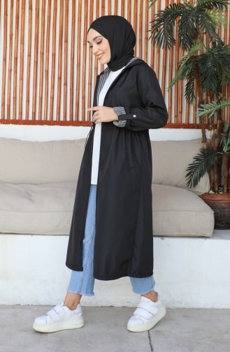 Stripe Detailed Women`s Hooded Trench 1901 1901-01 Black 1901-01