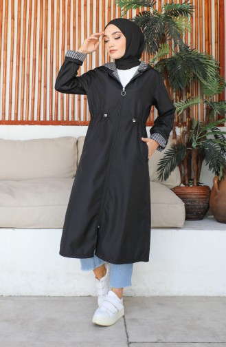 Stripe Detailed Women`s Hooded Trench 1901 1901-01 Black 1901-01
